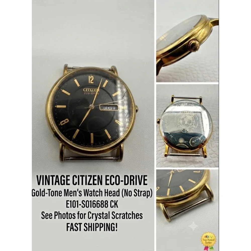 Citizen Eco-Drive Men's Gold-Tone Watch Head E101-S016688 Black Dial Day-Date
